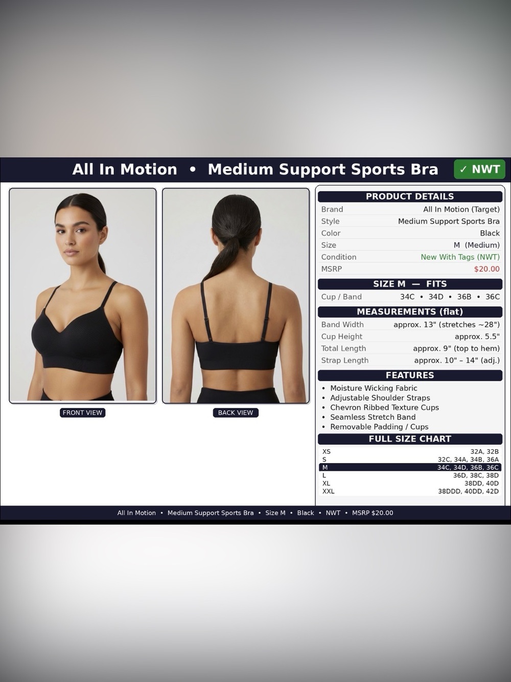 All In Motion Medium Support Sports BraNWT | Size Medium | Black | MSRP $20